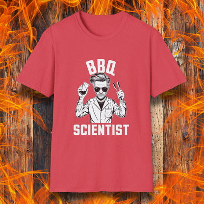 Heather Red t-shirt featuring a bold black-and-white illustration of a cool scientist holding BBQ tongs and a beaker, with the phrase 'BBQ Scientist' displayed above and below."
