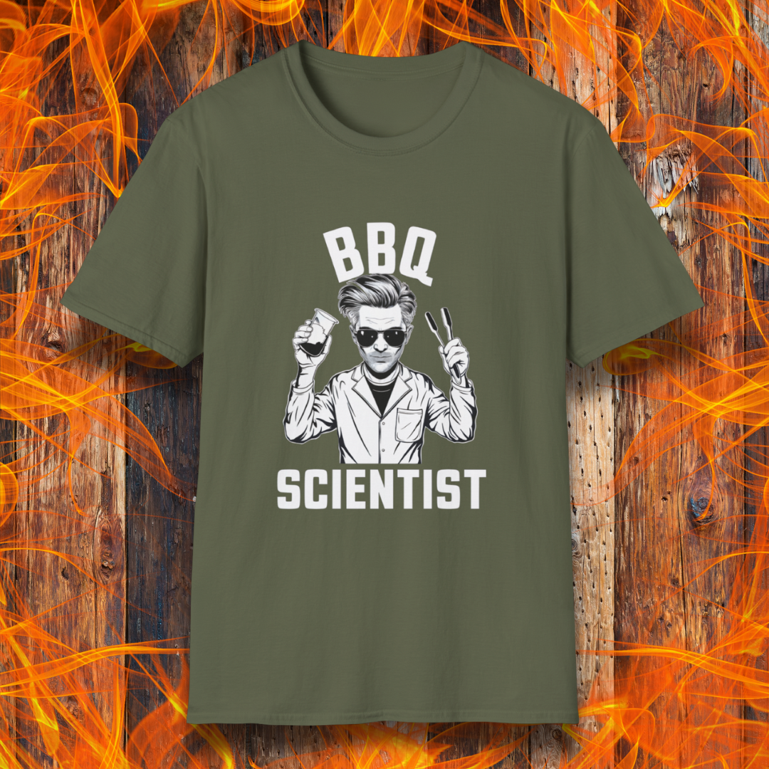 Military Green t-shirt featuring a bold black-and-white illustration of a cool scientist holding BBQ tongs and a beaker, with the phrase 'BBQ Scientist' displayed above and below."