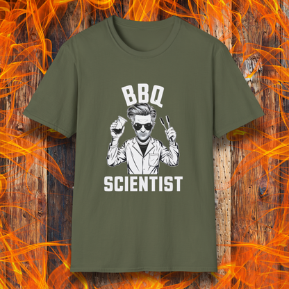 Military Green t-shirt featuring a bold black-and-white illustration of a cool scientist holding BBQ tongs and a beaker, with the phrase 'BBQ Scientist' displayed above and below."