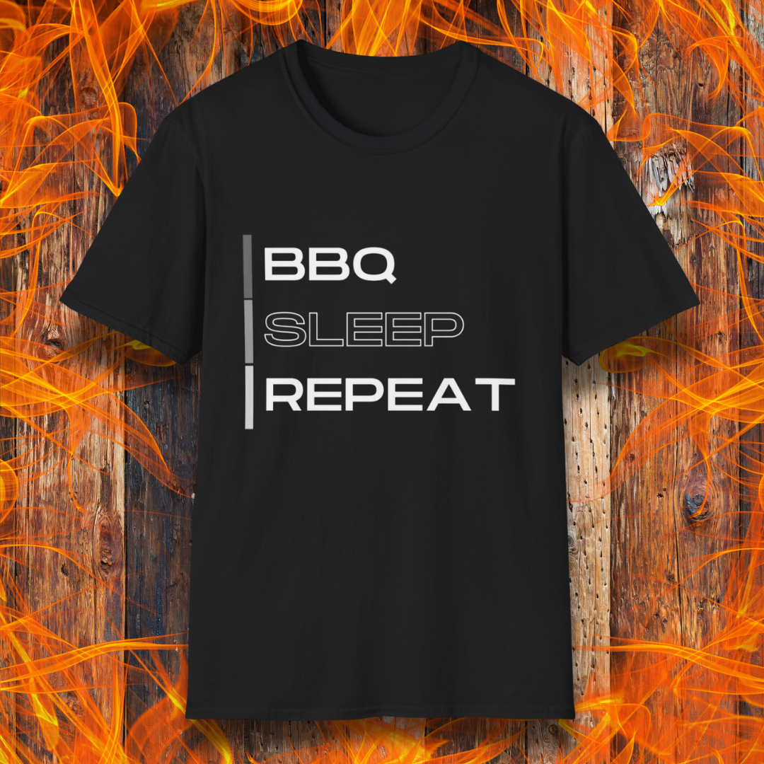 Black T-shirt featuring a modern 'BBQ | SLEEP | REPEAT' design in bold white typography. A must-have for grill masters who live the BBQ lifestyle.