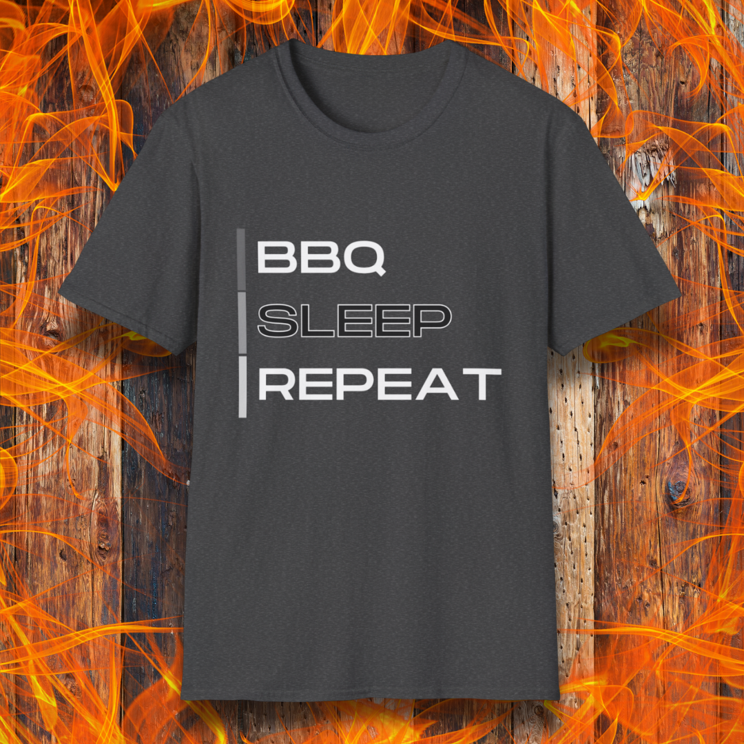 Dark Heather T-shirt featuring a modern 'BBQ | SLEEP | REPEAT' design in bold white typography. A must-have for grill masters who live the BBQ lifestyle.