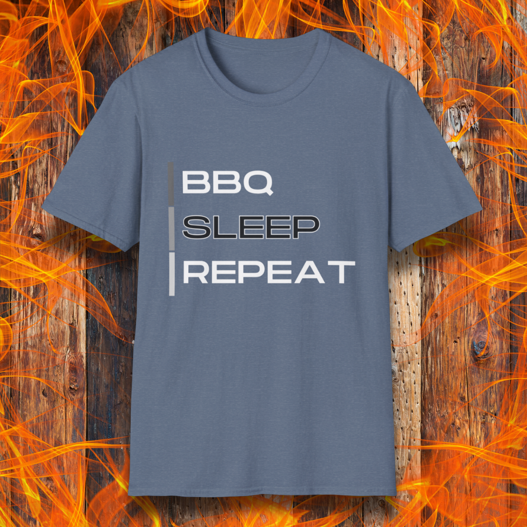 Heather Indigo T-shirt featuring a modern 'BBQ | SLEEP | REPEAT' design in bold white typography. A must-have for grill masters who live the BBQ lifestyle.