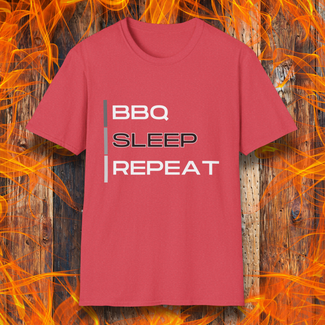 Heather Red T-shirt featuring a modern 'BBQ | SLEEP | REPEAT' design in bold white typography. A must-have for grill masters who live the BBQ lifestyle.