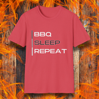 Heather Red T-shirt featuring a modern 'BBQ | SLEEP | REPEAT' design in bold white typography. A must-have for grill masters who live the BBQ lifestyle.