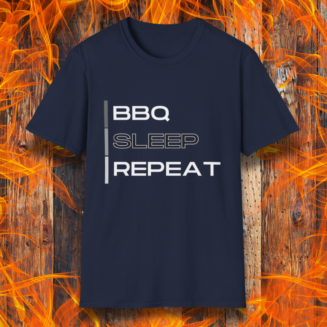 Navy T-shirt featuring a modern 'BBQ | SLEEP | REPEAT' design in bold white typography. A must-have for grill masters who live the BBQ lifestyle.