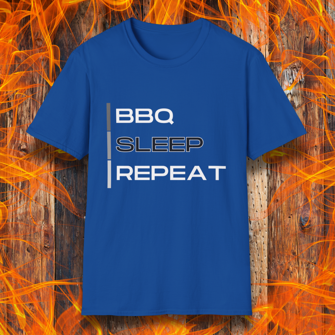 Royal Blue T-shirt featuring a modern 'BBQ | SLEEP | REPEAT' design in bold white typography. A must-have for grill masters who live the BBQ lifestyle.