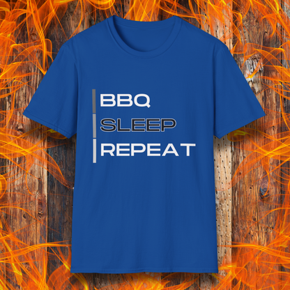 Royal Blue T-shirt featuring a modern 'BBQ | SLEEP | REPEAT' design in bold white typography. A must-have for grill masters who live the BBQ lifestyle.