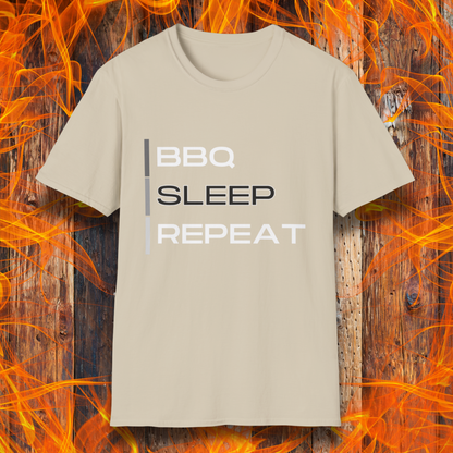 Sand T-shirt featuring a modern 'BBQ | SLEEP | REPEAT' design in bold white typography. A must-have for grill masters who live the BBQ lifestyle.