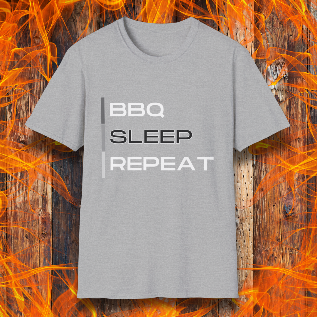 Sport Grey T-shirt featuring a modern 'BBQ | SLEEP | REPEAT' design in bold white typography. A must-have for grill masters who live the BBQ lifestyle.