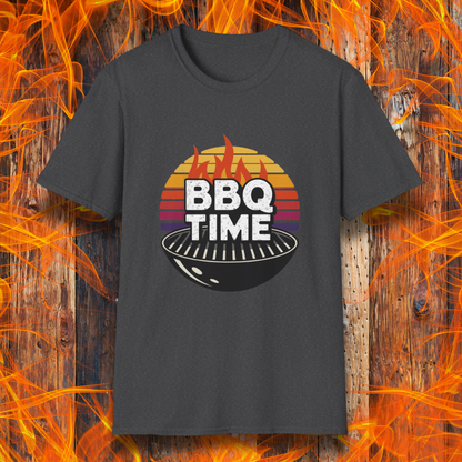 Dark Heather T-shirt featuring a bold "BBQ TIME" design with a retro sunset background, flames, and a charcoal grill illustration. Perfect for barbecue lovers and grill masters.