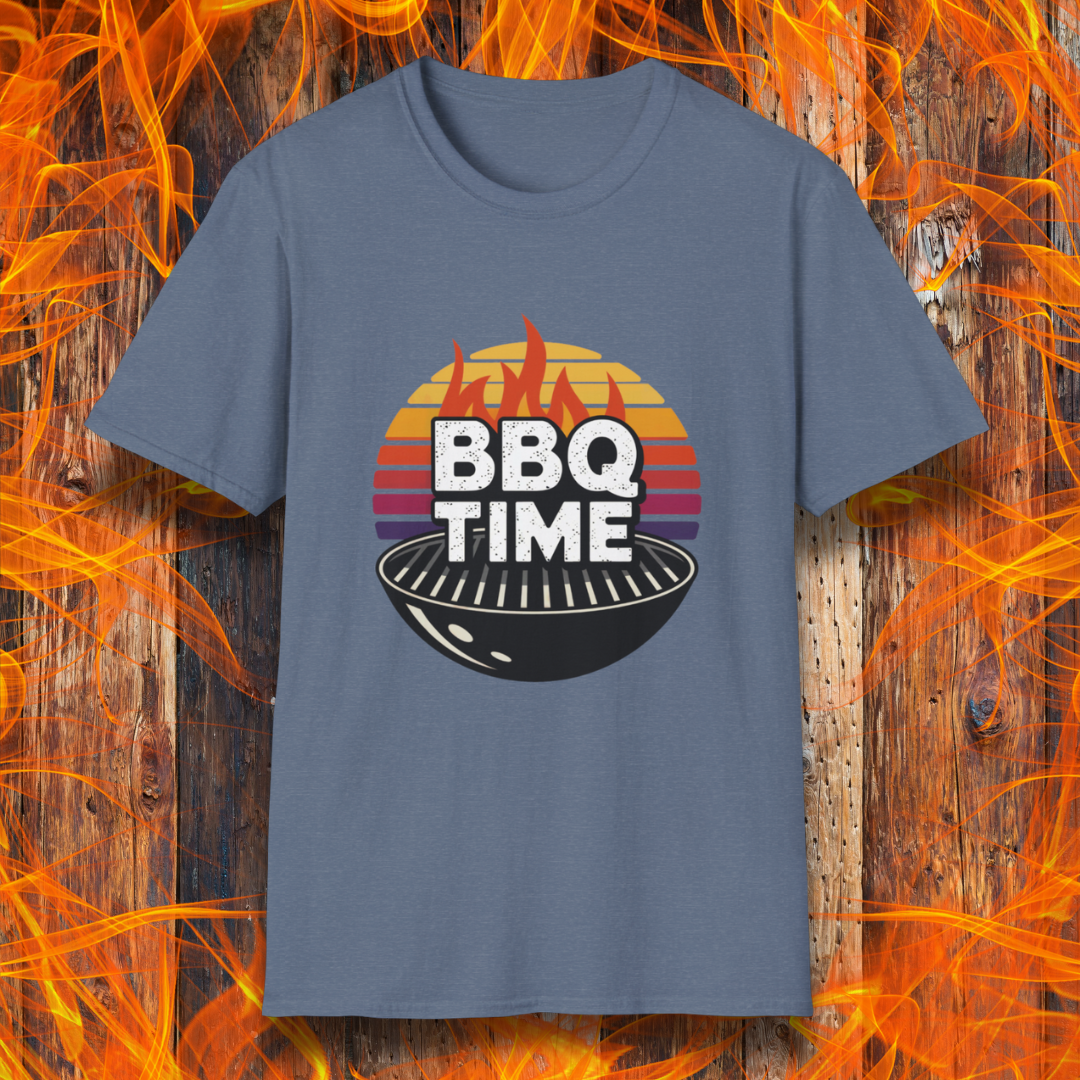 Heather Indigo T-shirt featuring a bold "BBQ TIME" design with a retro sunset background, flames, and a charcoal grill illustration. Perfect for barbecue lovers and grill masters.