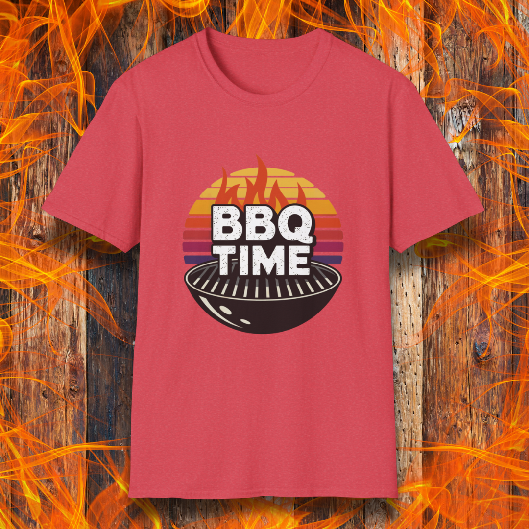 Heather Red T-shirt featuring a bold "BBQ TIME" design with a retro sunset background, flames, and a charcoal grill illustration. Perfect for barbecue lovers and grill masters.