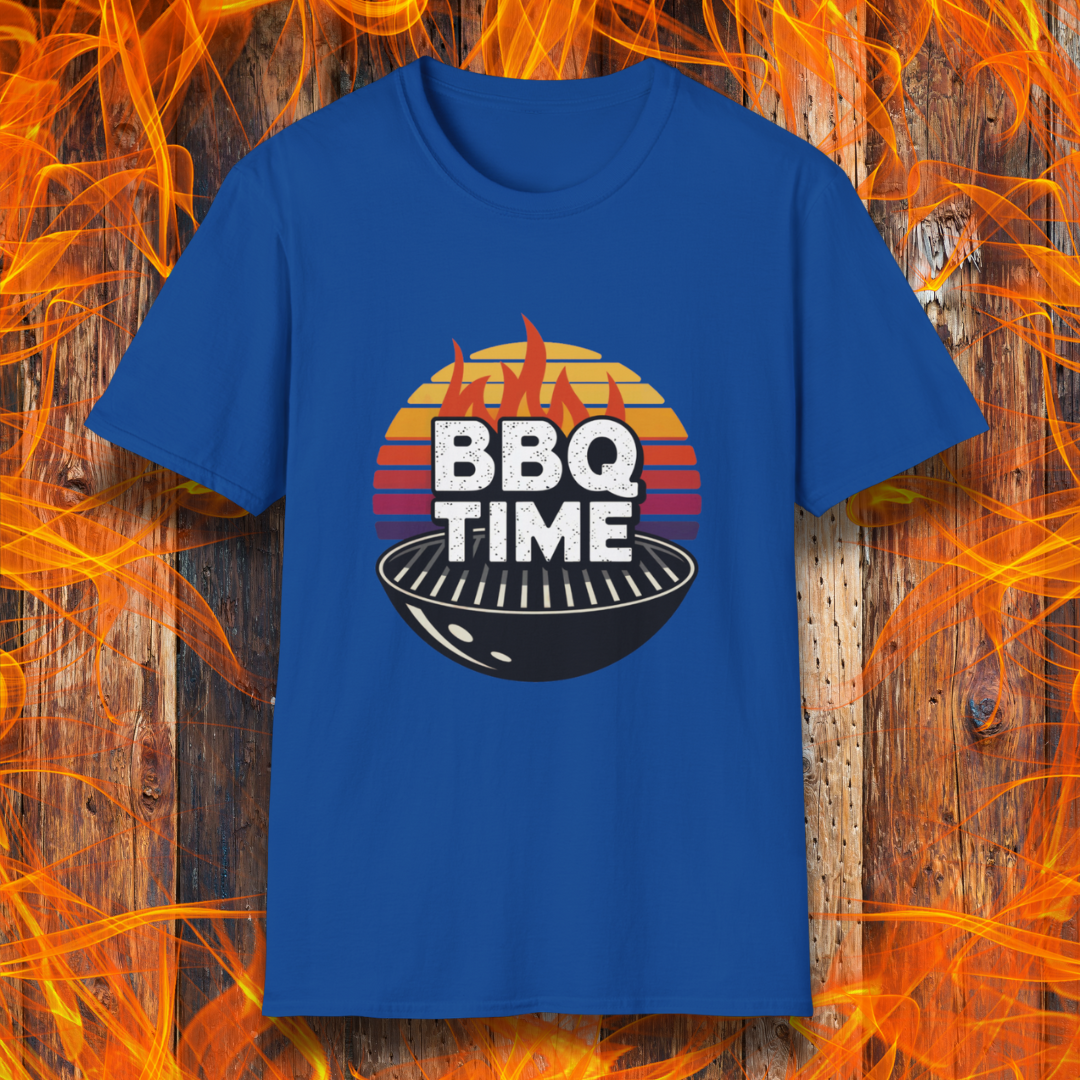Royal Blue T-shirt featuring a bold "BBQ TIME" design with a retro sunset background, flames, and a charcoal grill illustration. Perfect for barbecue lovers and grill masters.