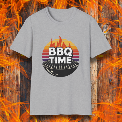 Sport Grey T-shirt featuring a bold "BBQ TIME" design with a retro sunset background, flames, and a charcoal grill illustration. Perfect for barbecue lovers and grill masters.