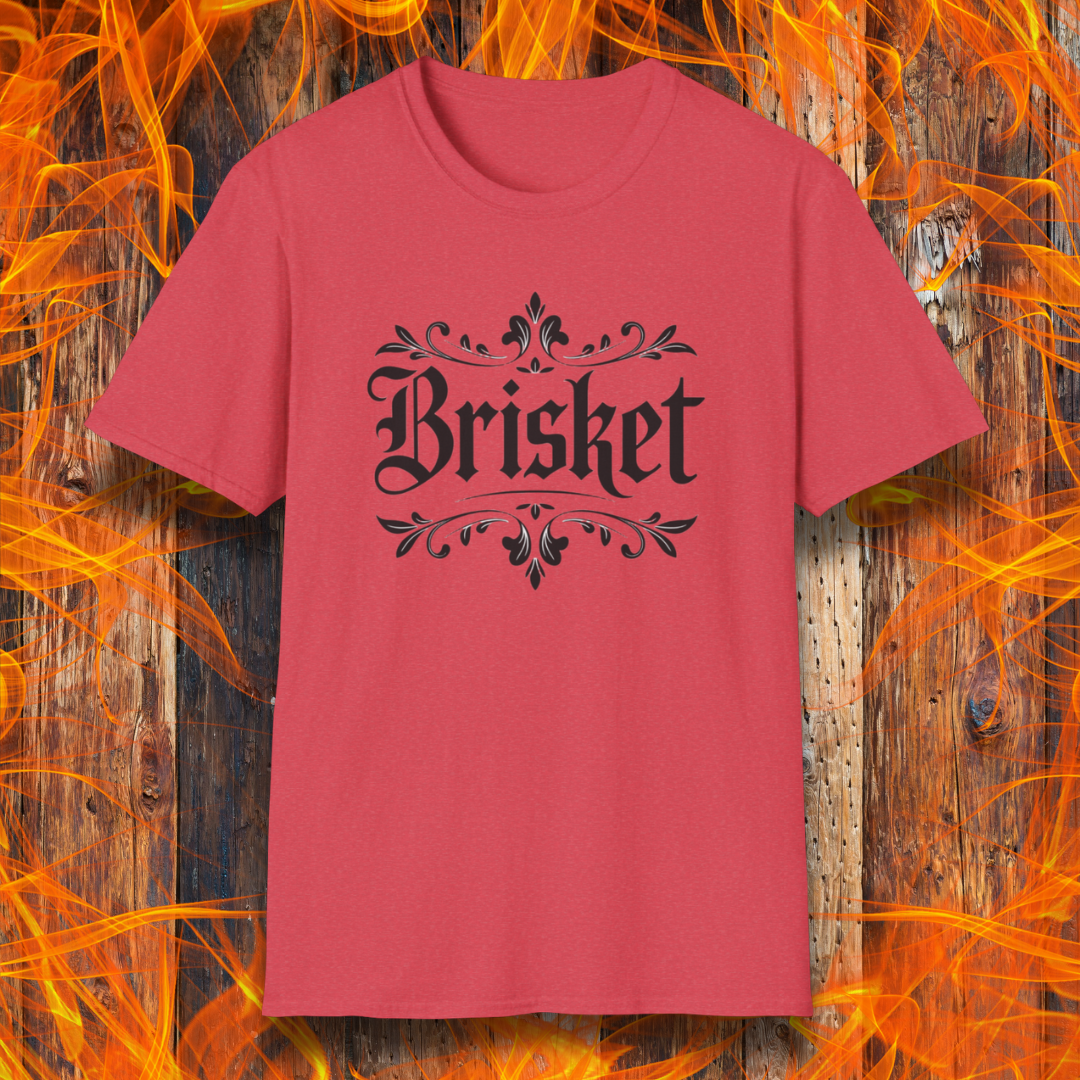 Heather Red t-shirt with elegant black gothic-style “Brisket” text framed by ornate flourishes—where BBQ obsession meets old-school swagger.
