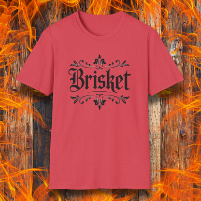 Heather Red t-shirt with elegant black gothic-style “Brisket” text framed by ornate flourishes—where BBQ obsession meets old-school swagger.