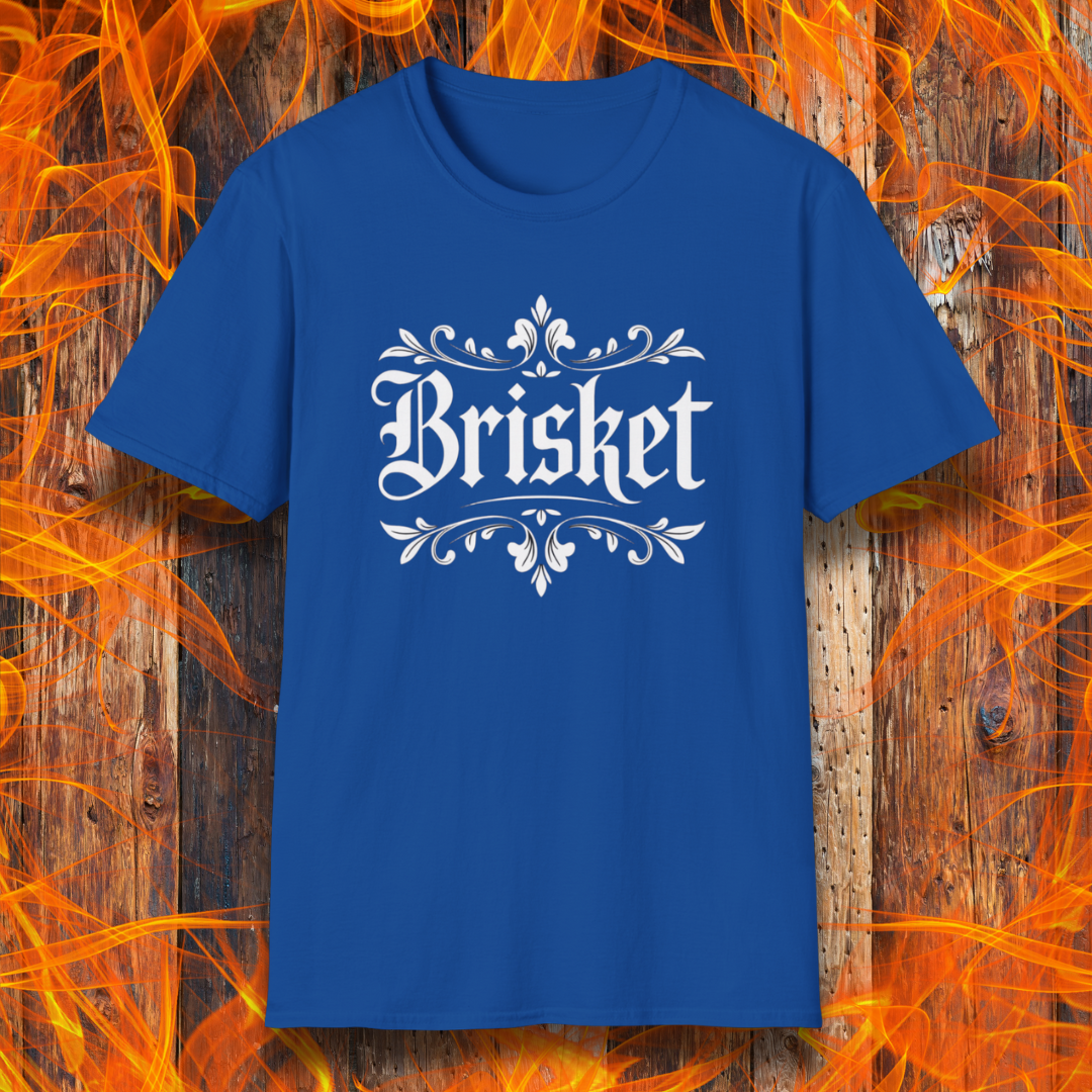 Royal t-shirt with elegant white gothic-style “Brisket” text framed by ornate flourishes—where BBQ obsession meets old-school swagger.