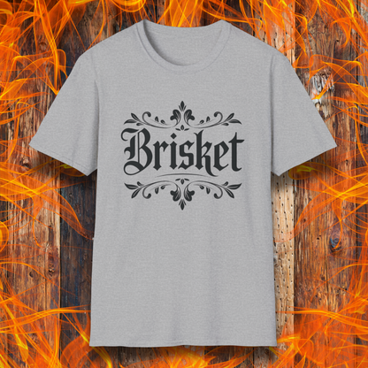 Sport Grey t-shirt with elegant black gothic-style “Brisket” text framed by ornate flourishes—where BBQ obsession meets old-school swagger.