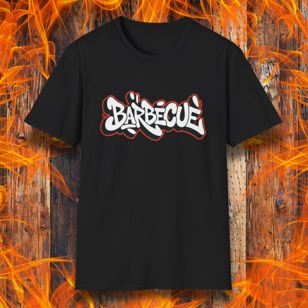 Black t-shirt with 'Barbecue' graphic on a fiery background