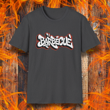 Dark Heather t-shirt with 'Barbécè' text on a fiery background