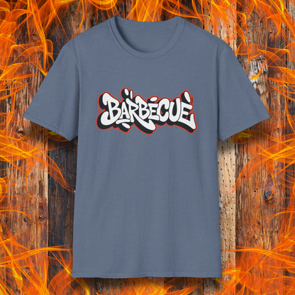 Blue t-shirt with 'Barèbecué' text on a fiery background