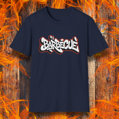 Navy blue t-shirt with 'Barbécè' text on a wooden background with flames.