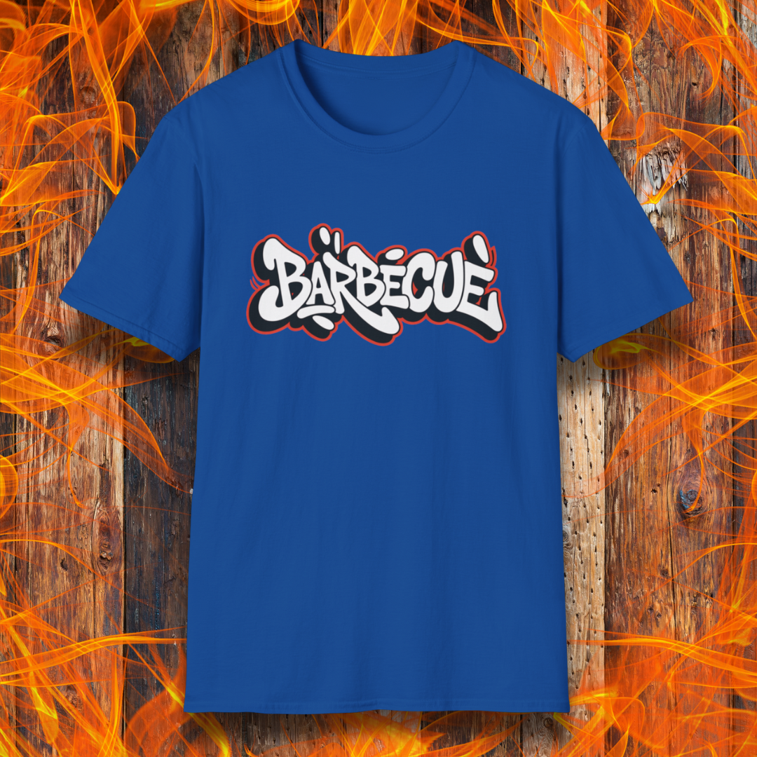 Blue t-shirt with 'Barbécè' text on a wooden background with flames.