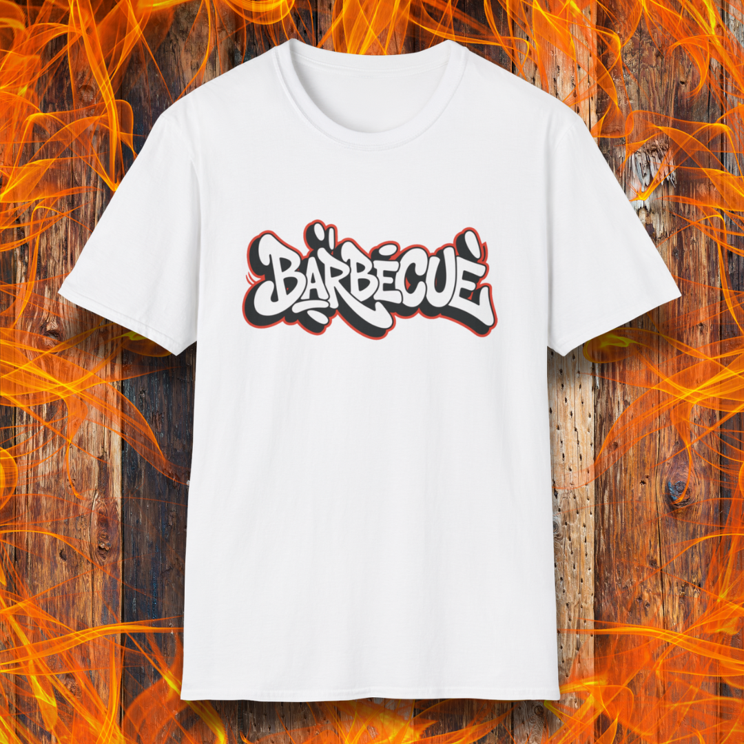 White t-shirt with 'BARBECUE' text on a wooden background with flames