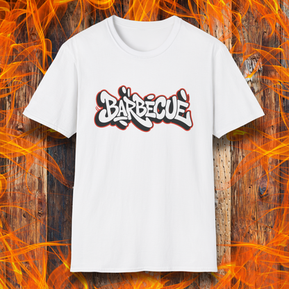 White t-shirt with 'BARBECUE' text on a wooden background with flames