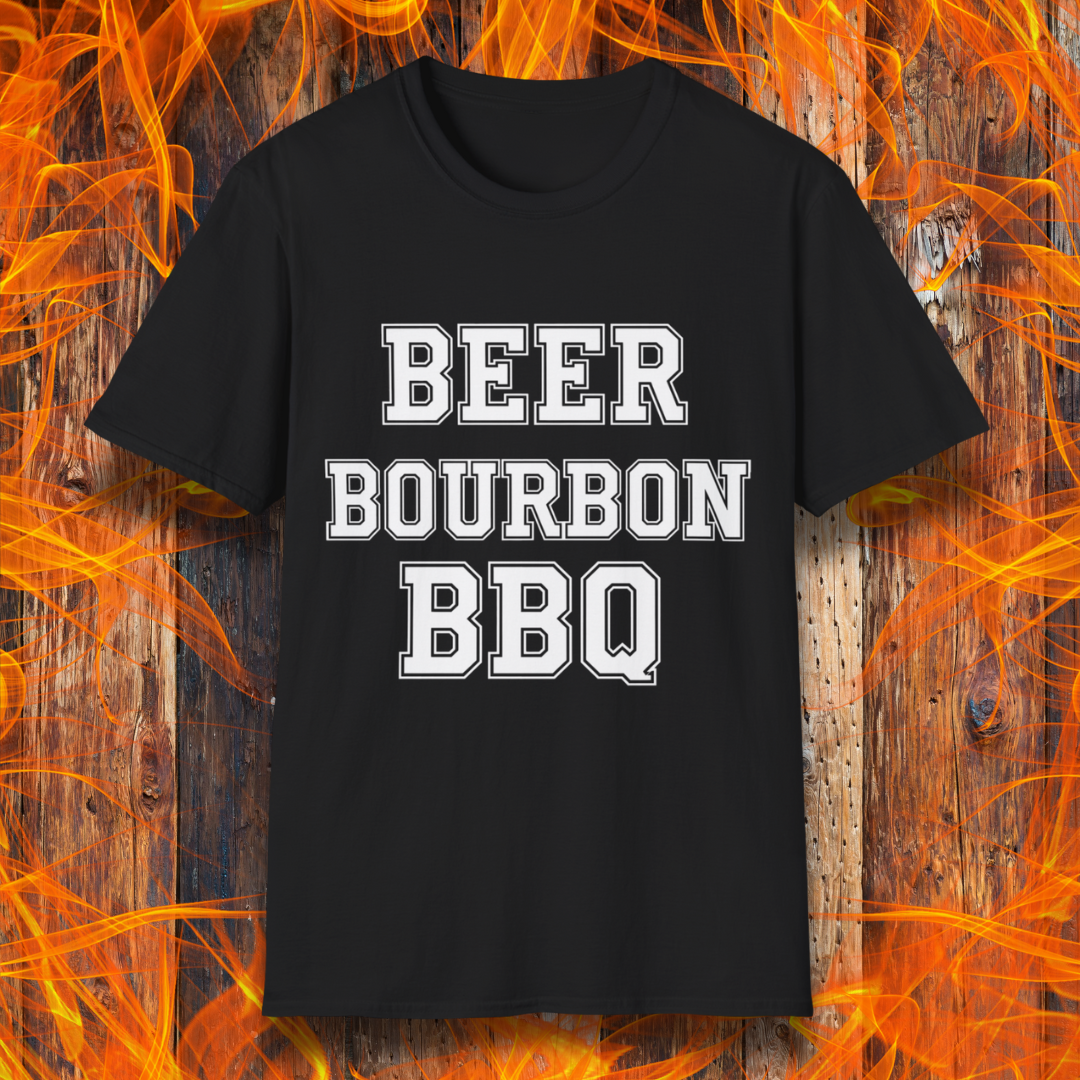 Black T-shirt with bold white block lettering that reads 'BEER BOURBON BBQ,' celebrating a love for drinks and grilling in a simple, classic design.