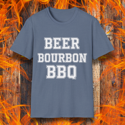 Heather Indigo T-shirt with bold white block lettering that reads 'BEER BOURBON BBQ,' celebrating a love for drinks and grilling in a simple, classic design.