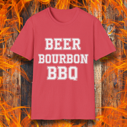 Heather Red T-shirt with bold white block lettering that reads 'BEER BOURBON BBQ,' celebrating a love for drinks and grilling in a simple, classic design.