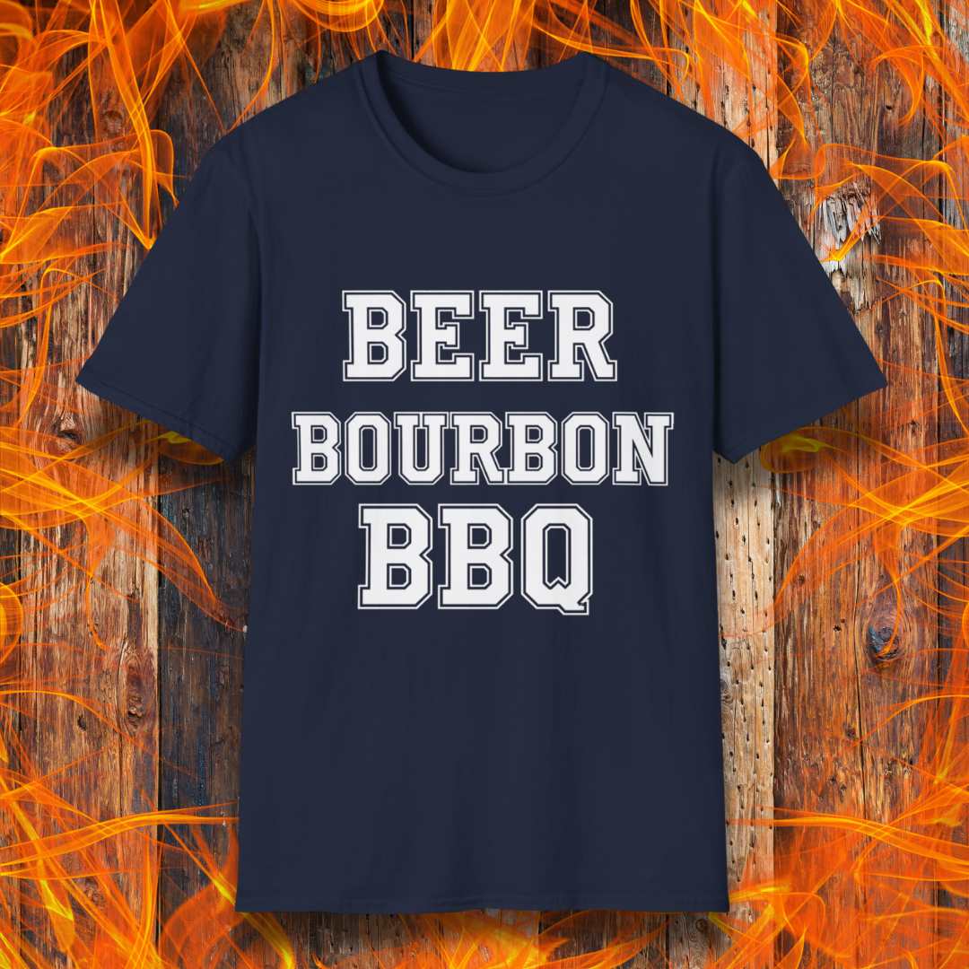 Navy T-shirt with bold white block lettering that reads 'BEER BOURBON BBQ,' celebrating a love for drinks and grilling in a simple, classic design.