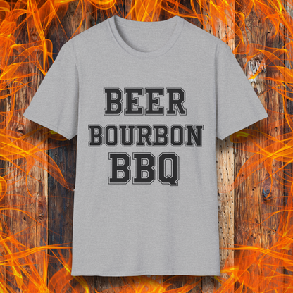 Sport Grey T-shirt with bold white block lettering that reads 'BEER BOURBON BBQ,' celebrating a love for drinks and grilling in a simple, classic design.