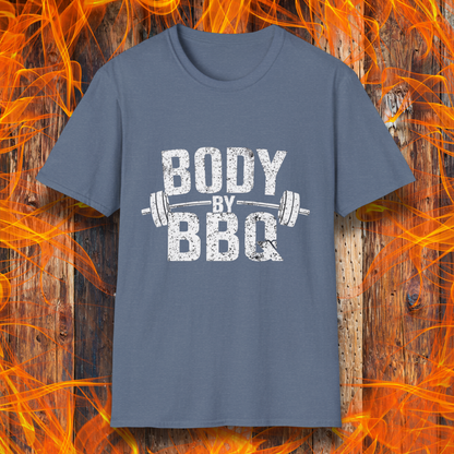 Heather Indigo T-shirt with 'Body By BBQ' design featuring bold distressed text and a barbell graphic, perfect for grilling and fitness enthusiasts.