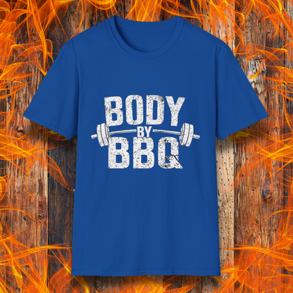Royal Blue T-shirt with 'Body By BBQ' design featuring bold distressed text and a barbell graphic, perfect for grilling and fitness enthusiasts.