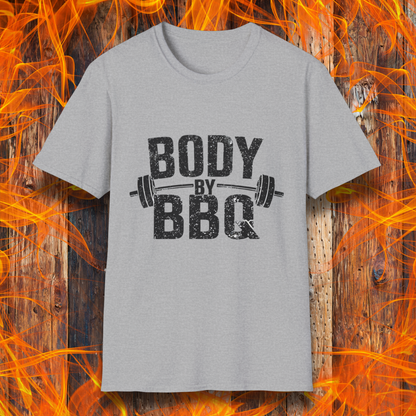 Sport Grey T-shirt with 'Body By BBQ' design featuring bold distressed text and a barbell graphic, perfect for grilling and fitness enthusiasts.