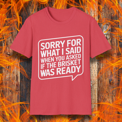 Heather Red T-shirt with bold white text inside a speech bubble that reads, "Sorry for what I said when you asked if the brisket was ready." A fun and relatable design for BBQ lovers and pitmasters.