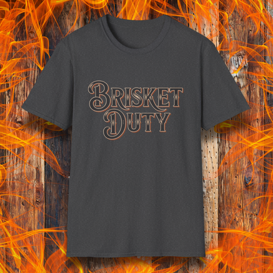 Dark Heather t-shirt with bold Western-style "Brisket Duty" text—ideal for pitmasters, BBQ crew members, or anyone proudly on call for the smoker.