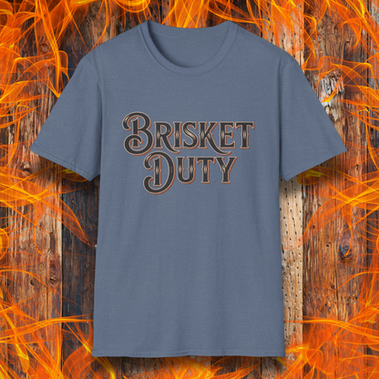 Heather Indigo t-shirt with bold Western-style "Brisket Duty" text—ideal for pitmasters, BBQ crew members, or anyone proudly on call for the smoker.