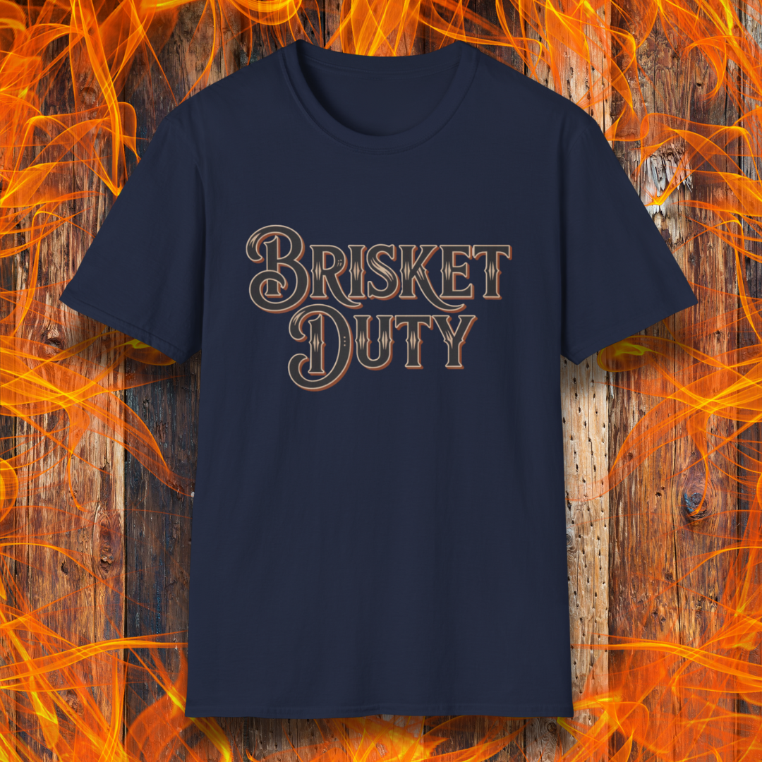 Navy t-shirt with bold Western-style "Brisket Duty" text—ideal for pitmasters, BBQ crew members, or anyone proudly on call for the smoker.