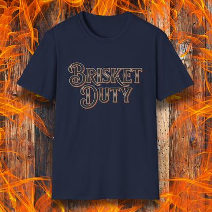 Navy t-shirt with bold Western-style "Brisket Duty" text—ideal for pitmasters, BBQ crew members, or anyone proudly on call for the smoker.