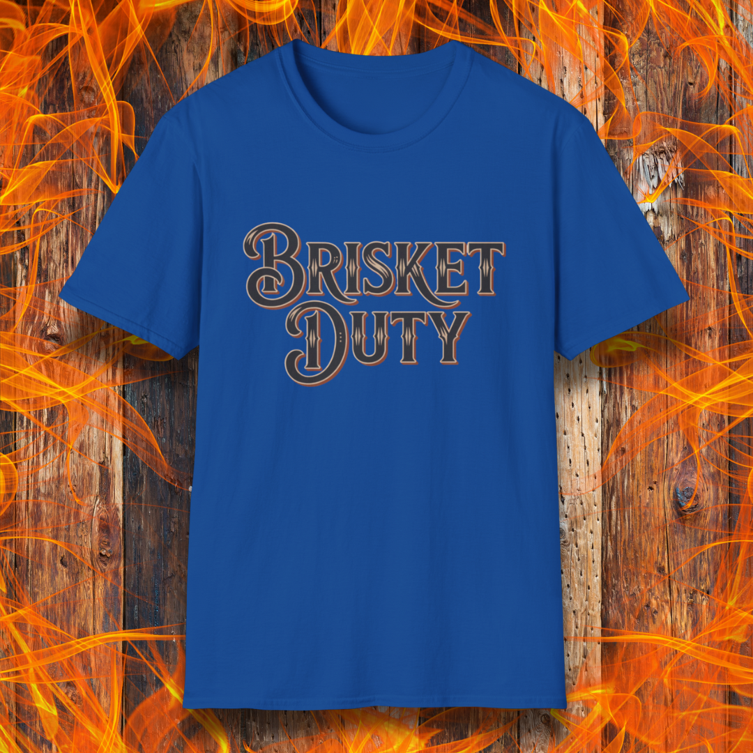 Royal Blue t-shirt with bold Western-style "Brisket Duty" text—ideal for pitmasters, BBQ crew members, or anyone proudly on call for the smoker.