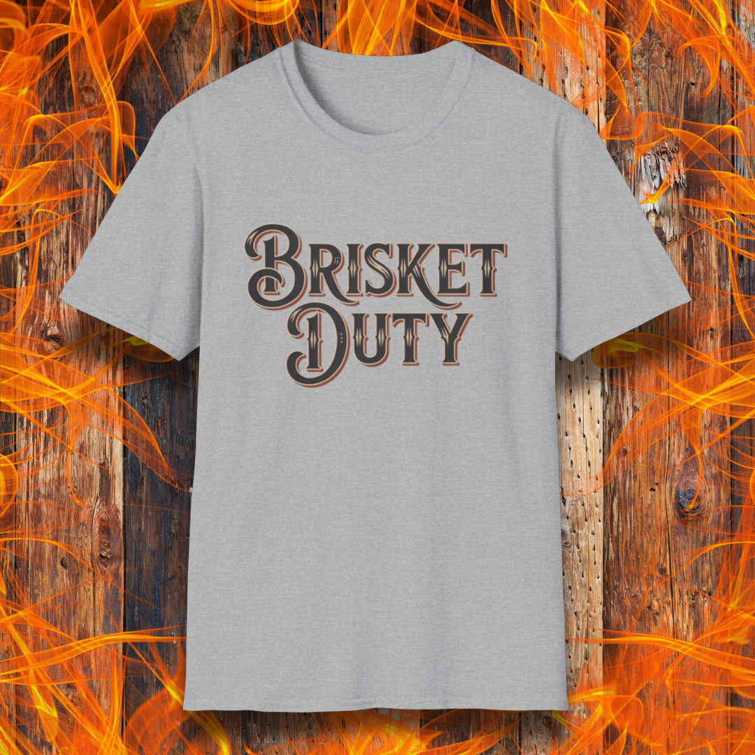 Sport Grey t-shirt with bold Western-style "Brisket Duty" text—ideal for pitmasters, BBQ crew members, or anyone proudly on call for the smoker.