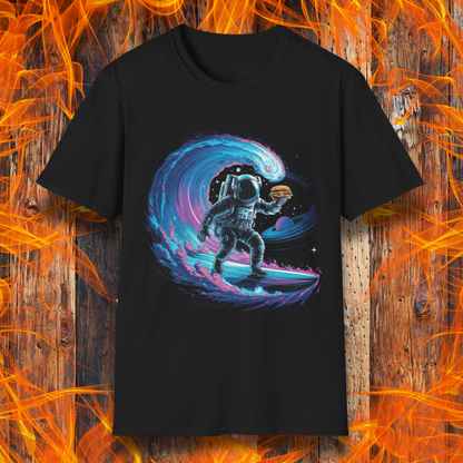 Black T-shirt featuring a vibrant, futuristic design of an astronaut surfing a cosmic wave in space. The astronaut is depicted in a detailed spacesuit, balancing on a surfboard while holding a burger in one hand. The wave is a swirling mix of blue, purple, and pink hues, with planets and stars in the background, creating a surreal and adventurous theme. The backdrop includes a rustic wooden surface with bright orange flames, enhancing the dynamic visual appeal.