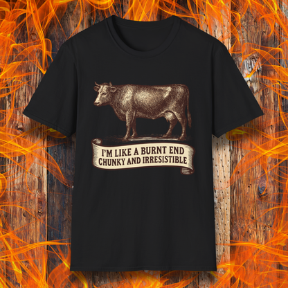 Black t-shirt with a cow graphic and text on a fiery background