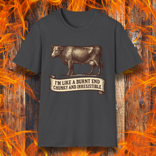 Dark Heather t-shirt with a cow graphic and text on a fiery background