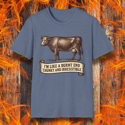 Heather Indigo t-shirt with a cow graphic and text on a fiery background