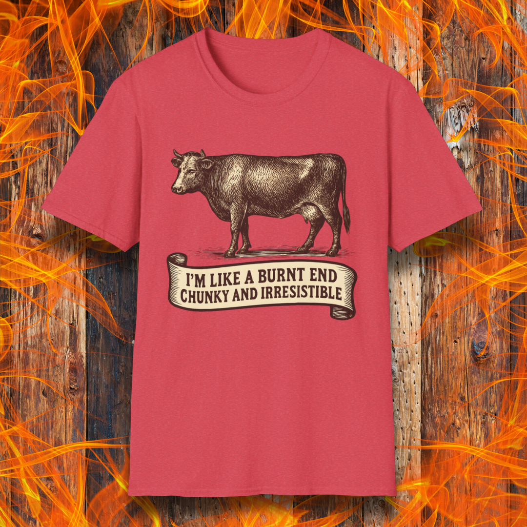 Heather Red t-shirt with a cow graphic and text on a wooden background with flames.