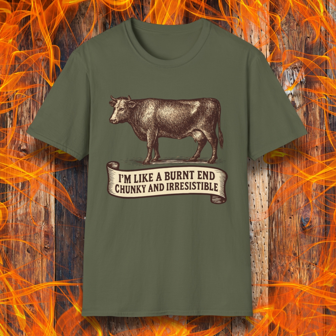 Military Green t-shirt with a cow graphic and text on a wooden background with flames.
